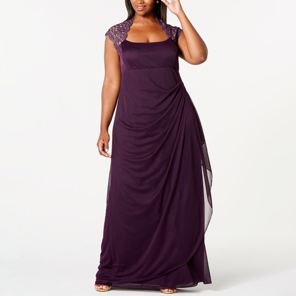 XSCAPE Womens Laced Cap Sleeve Ruched Evening Gown Dress Plus Size 18W Purple